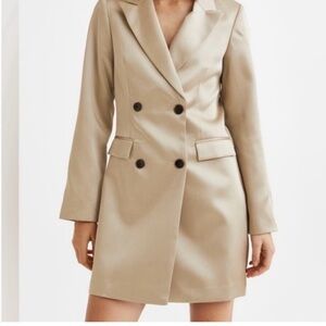 NWT H&M light gold champagne metallic satin blazer dress double breasted button